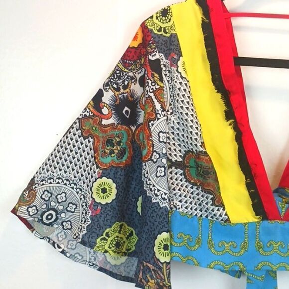 kimono sleeve boho Tribal cropped V-neck/back multicolored with Fringe top sz S - Picture 4 of 10